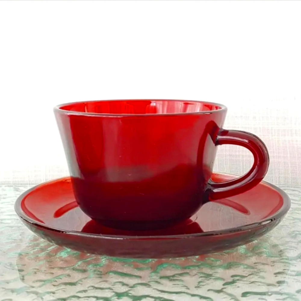 Anchor Hocking Royal Ruby Red Glass Tea Cup and Saucer Set , 2 Available
